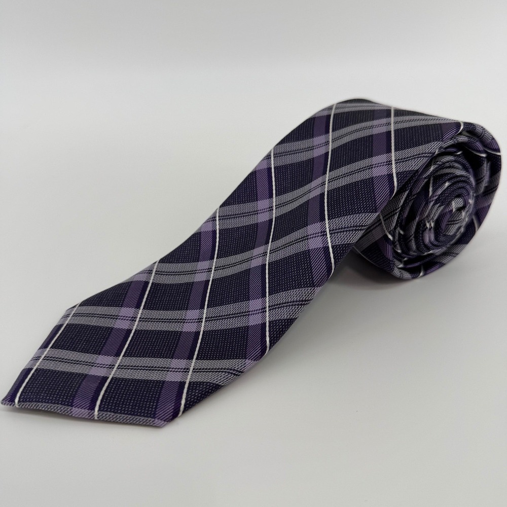 Joseph Abboud Necktie Mens OS Purple Grey Plaid Silk Classic Formal Tie